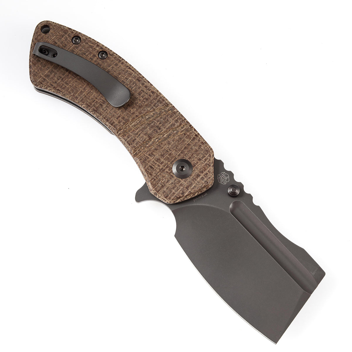 Kansept M+ Korvid K2030C4U open position showing CPM S35VN cleaver blade