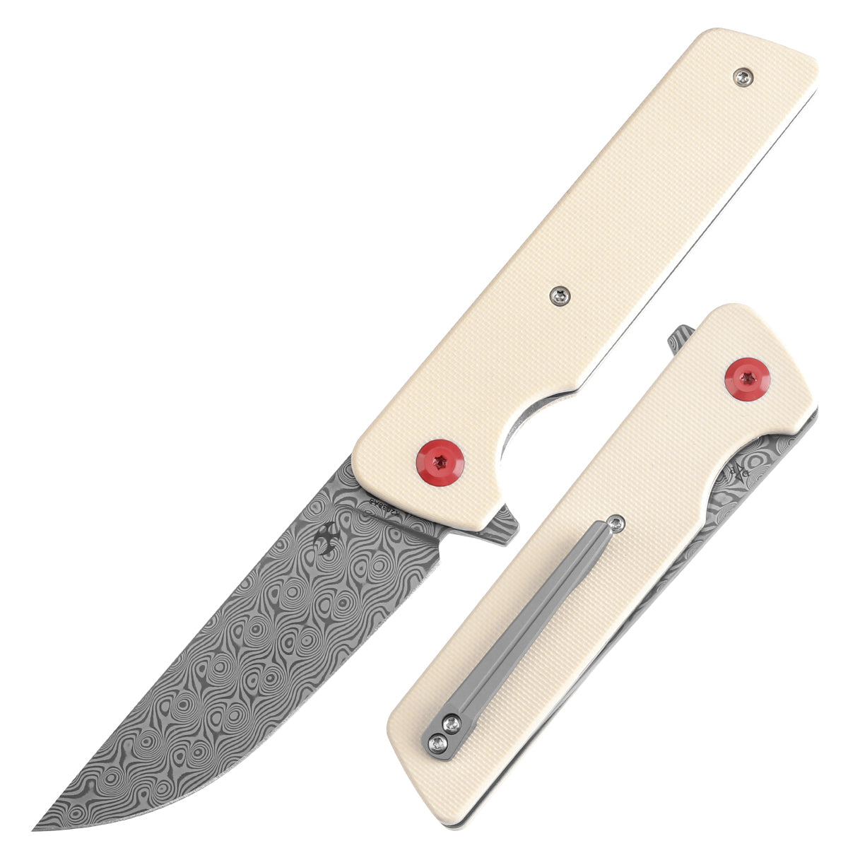 Kansept Anomaly K2038A5 front view – 3.14" Damascus drop point folding knife