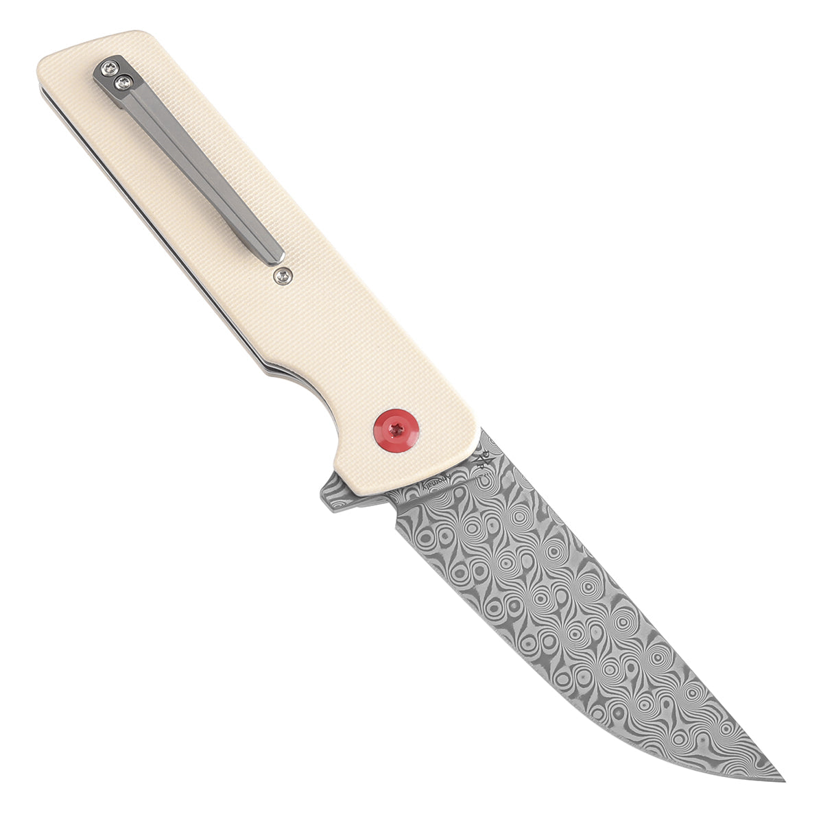 Kansept Anomaly K2038A5 open position showing Damascus drop point blade
