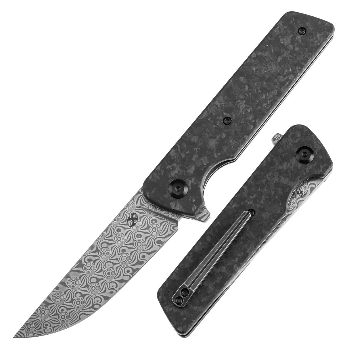 Kansept Anomaly K2038A6 front view – 3.14" Damascus drop point folding knife