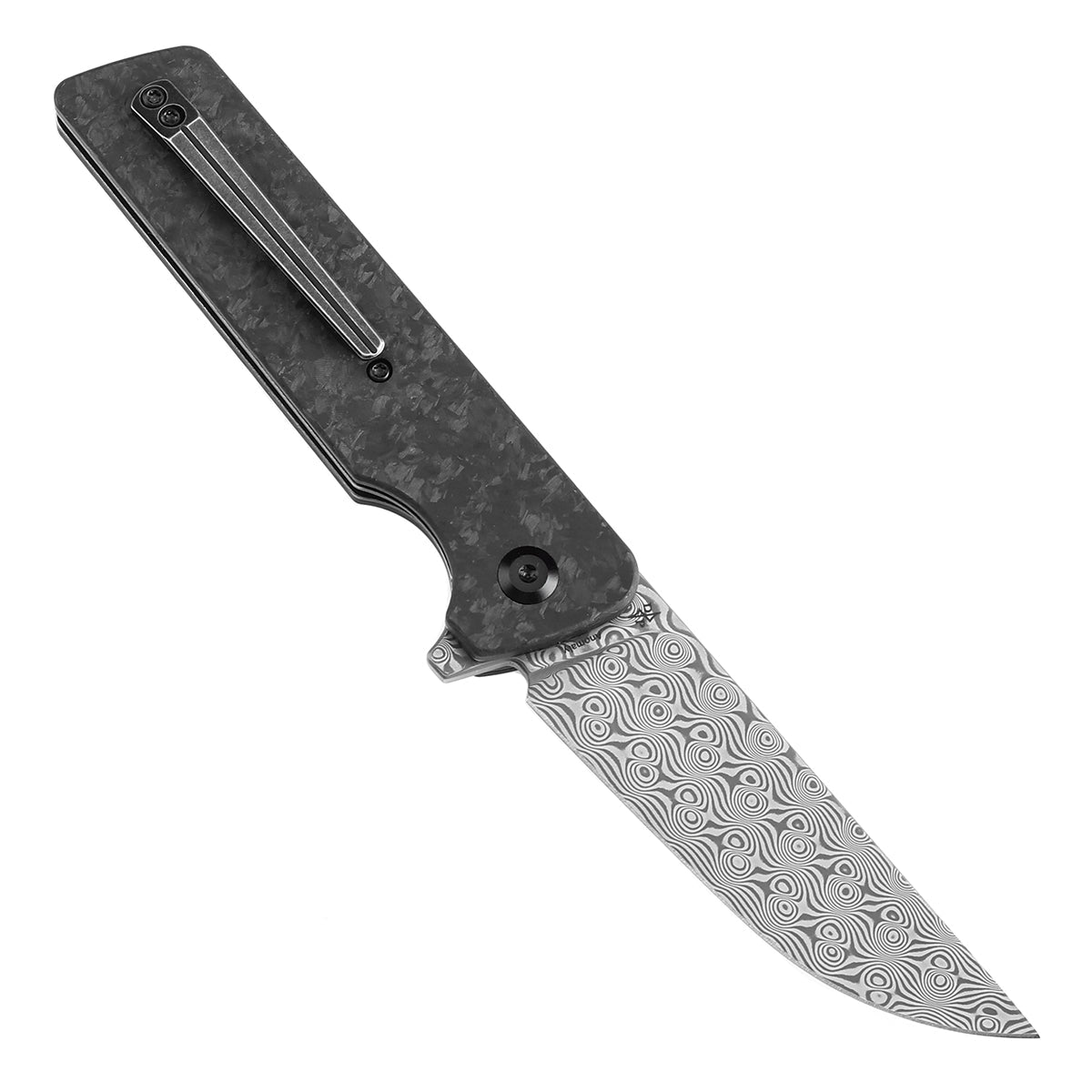 Kansept Anomaly K2038A6 open position showing Damascus drop point blade