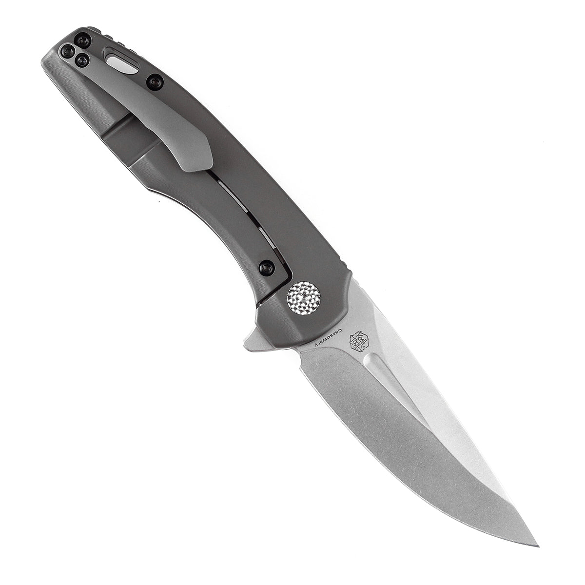 Kansept Cassowary K2065A2 open position showing CPM S35VN clip point blade