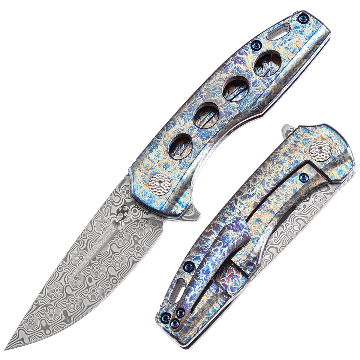Kansept Cassowary K2065A3 front view – 2.9" Damascus clip point folding knife