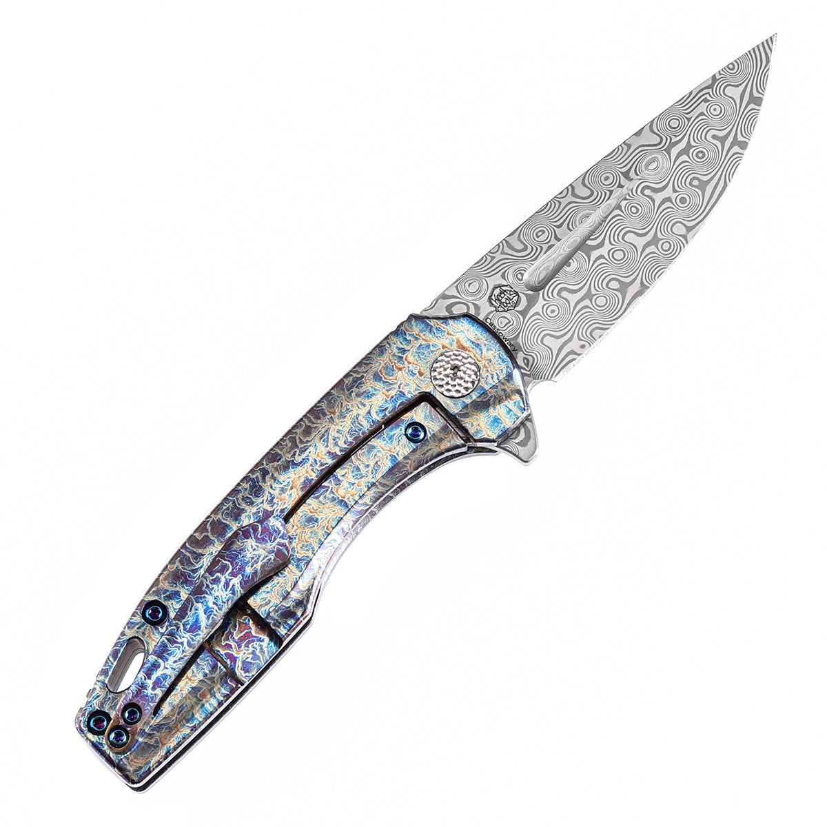 Kansept Cassowary K2065A3 open position showing Damascus clip point blade