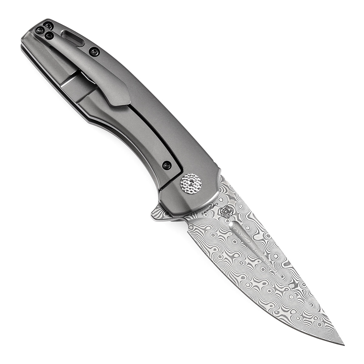 Kansept Cassowary K2065A4 open position showing Damascus clip point blade