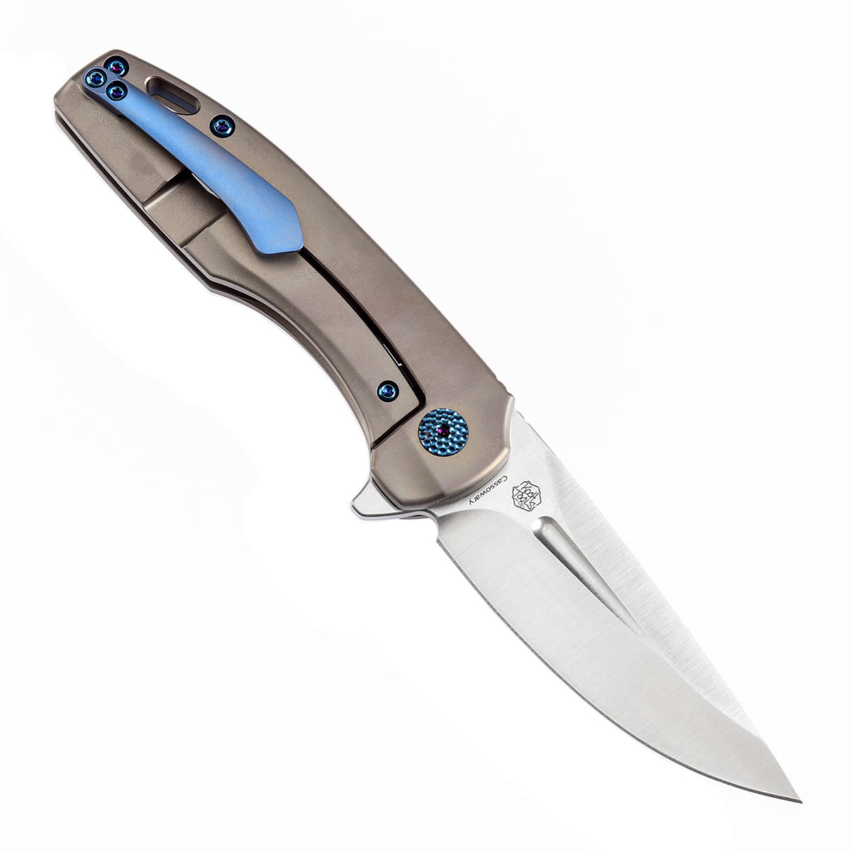 Kansept Cassowary K2065A5 open position showing CPM S35VN clip point blade