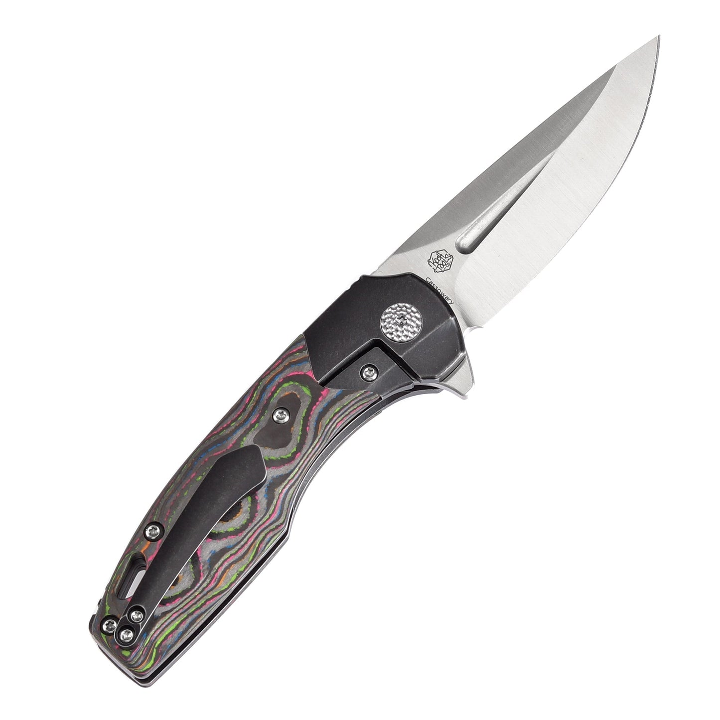 Kansept Cassowary K2065B1 open position showing CPM S35VN clip point blade