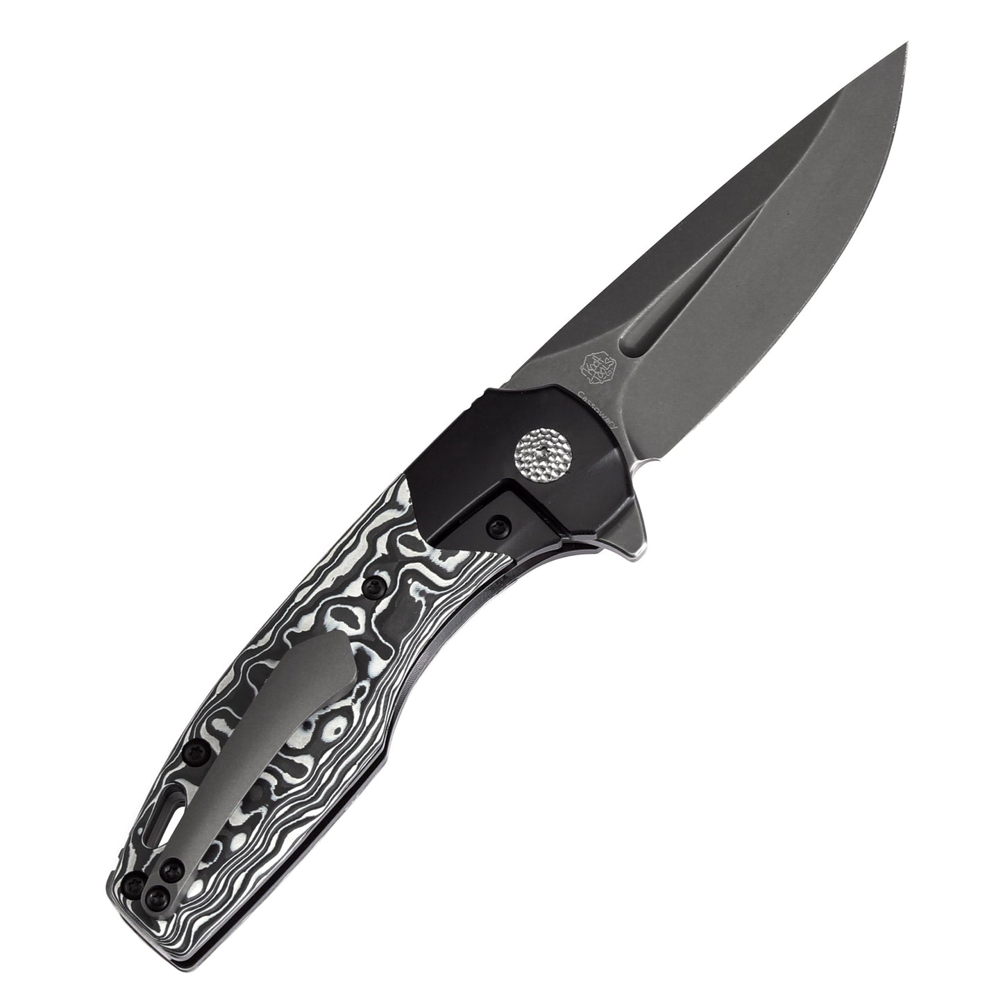 Kansept Cassowary K2065B2 open position showing TiCn CPM S35VN clip point blade