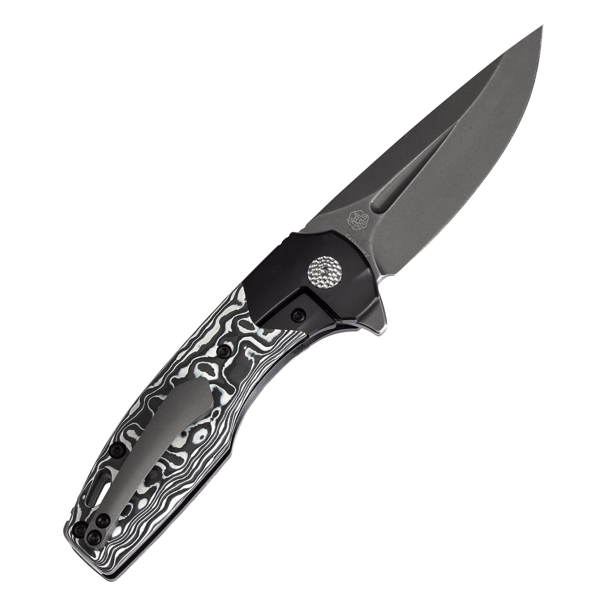 Kansept Cassowary K2065B2 open position showing TiCn CPM S35VN clip point blade