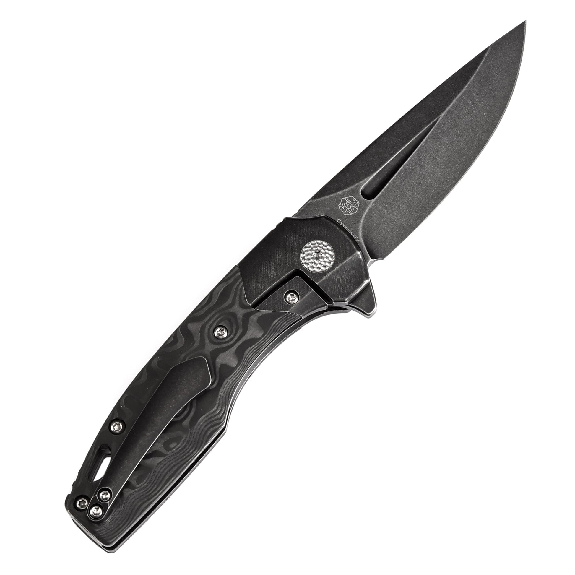 Kansept Cassowary K2065B3 open position showing CPM S35VN clip point blade