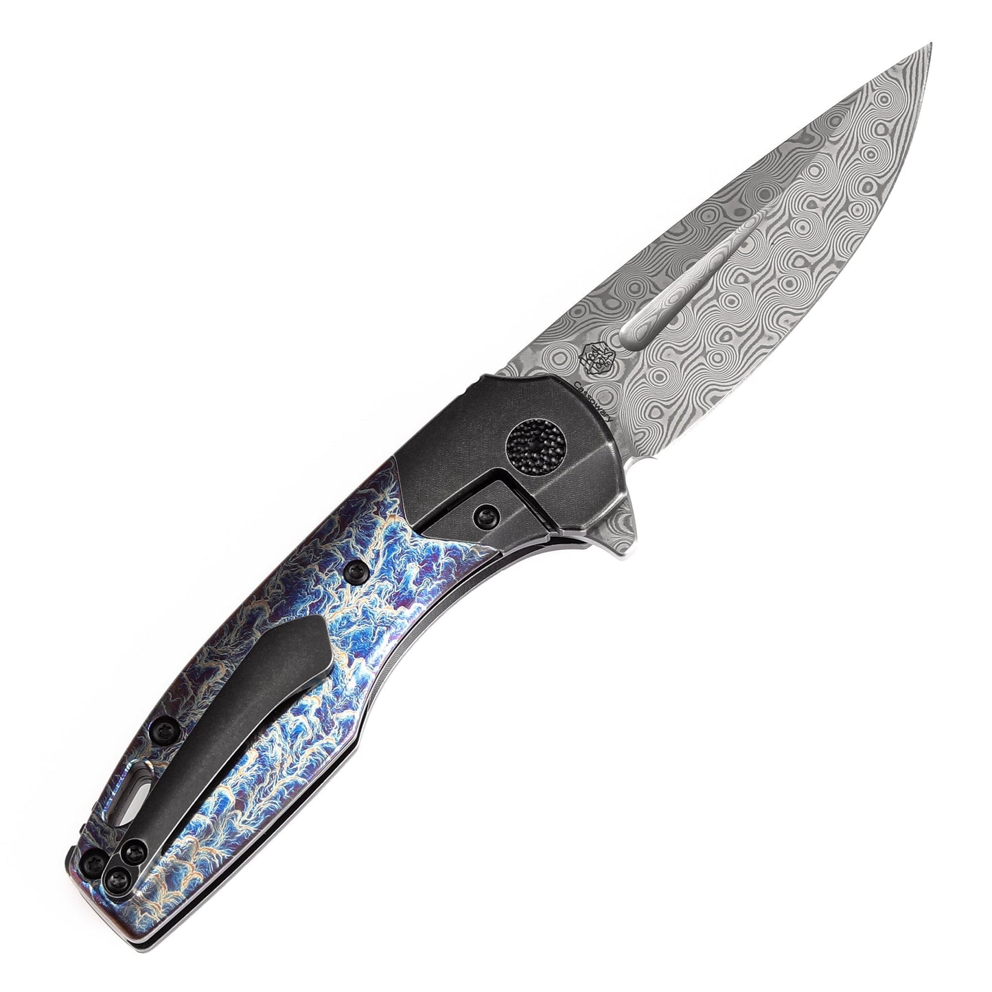 Kansept Cassowary K2065B4 open position showing Damascus clip point blade