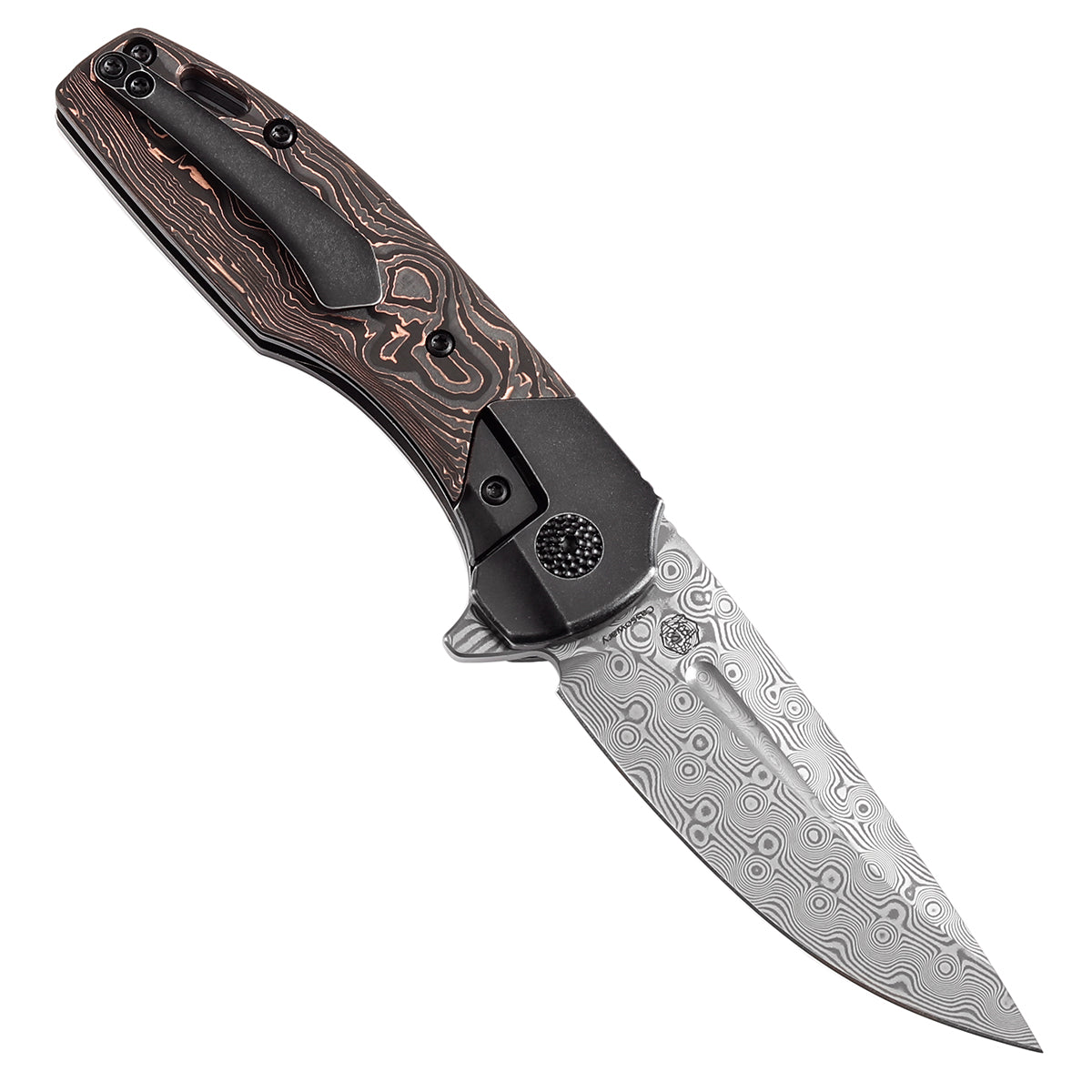 Kansept Cassowary K2065B5 open position showing Damascus clip point blade