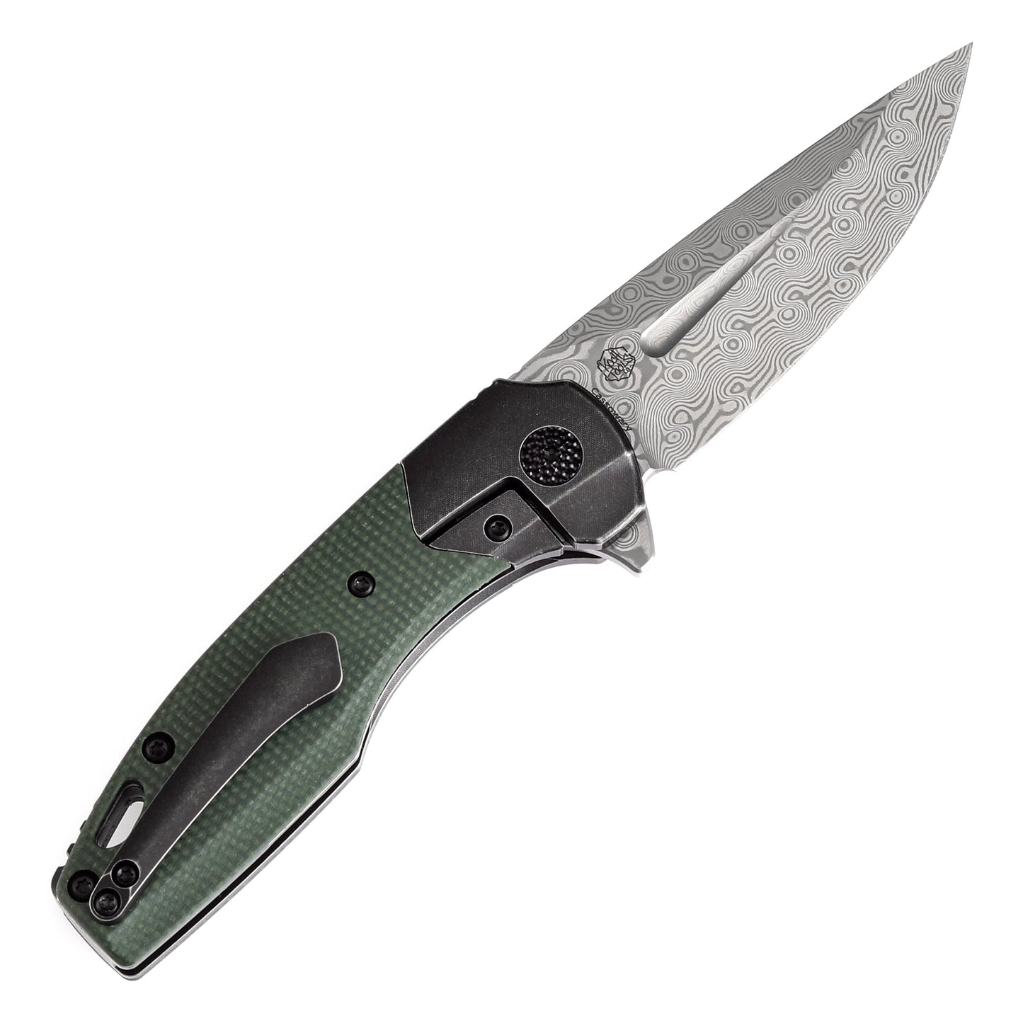Kansept Cassowary K2065B6 open position showing Damascus clip point blade