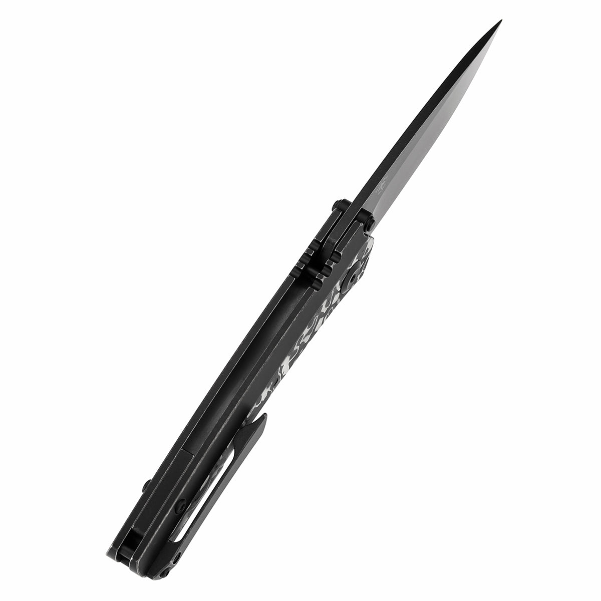 Kansept Raven K2109A1 blackwash titanium and Black and White Nebula carbon fiber handle scales