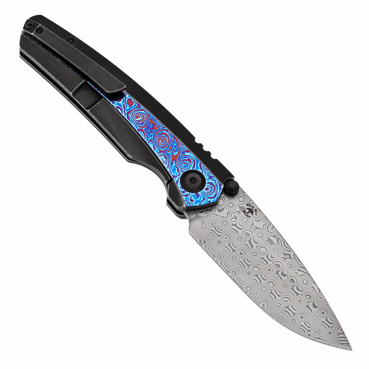 Kansept Raven K2109A4 open position showing Damascus drop point blade