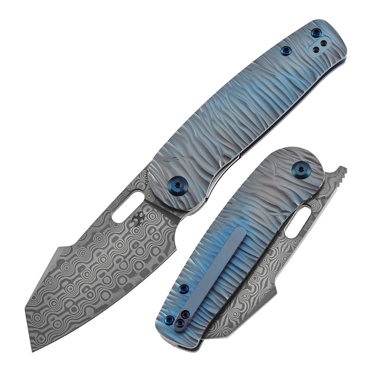 Kansept Orlok K2111A5 open position showing Damascus reverse tanto blade