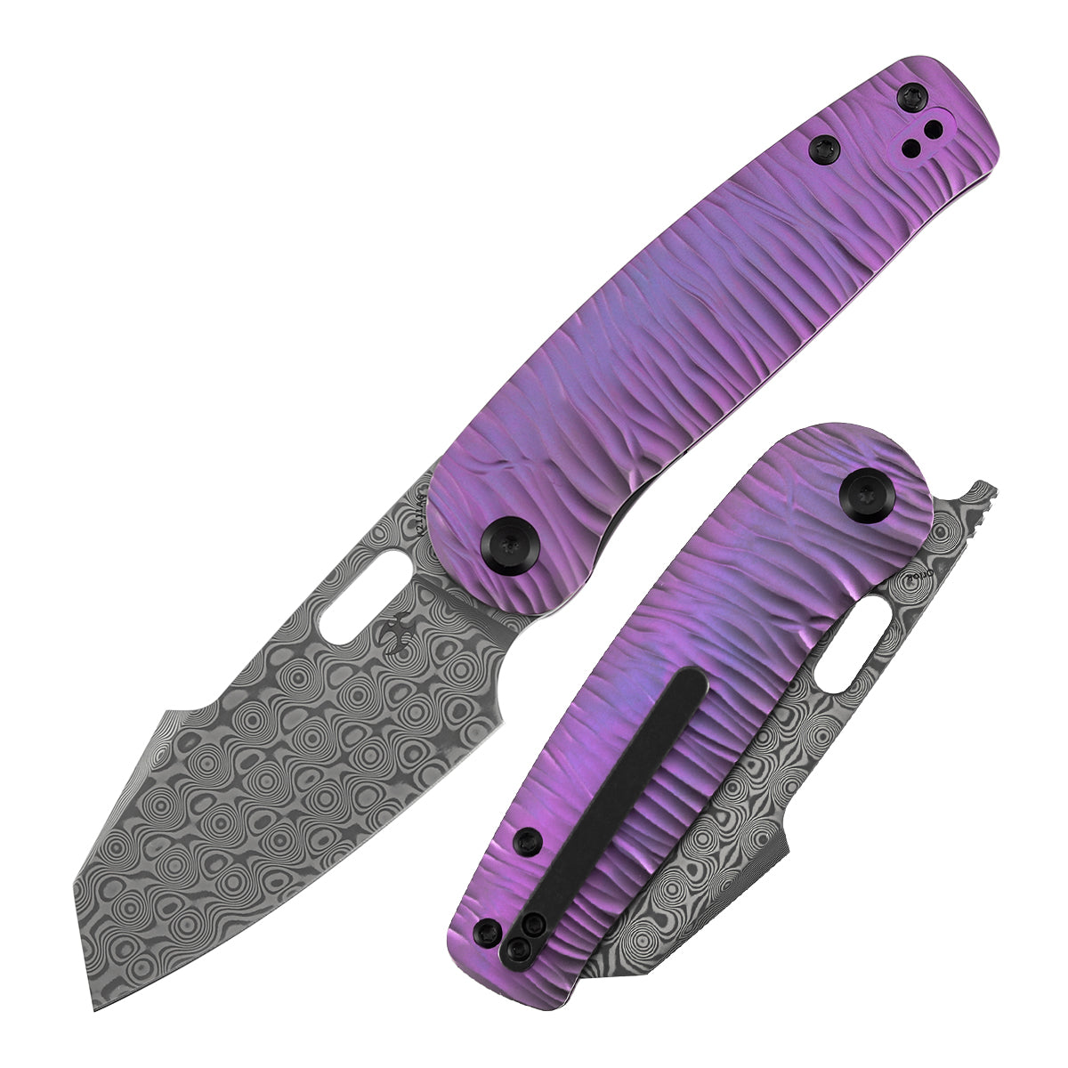 Kansept Orlok K2111A6 front view – 3.03" acid etched Damascus reverse tanto folding knife