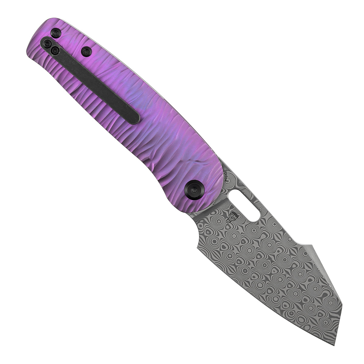 Kansept Orlok K2111A6 open position showing Damascus reverse tanto blade