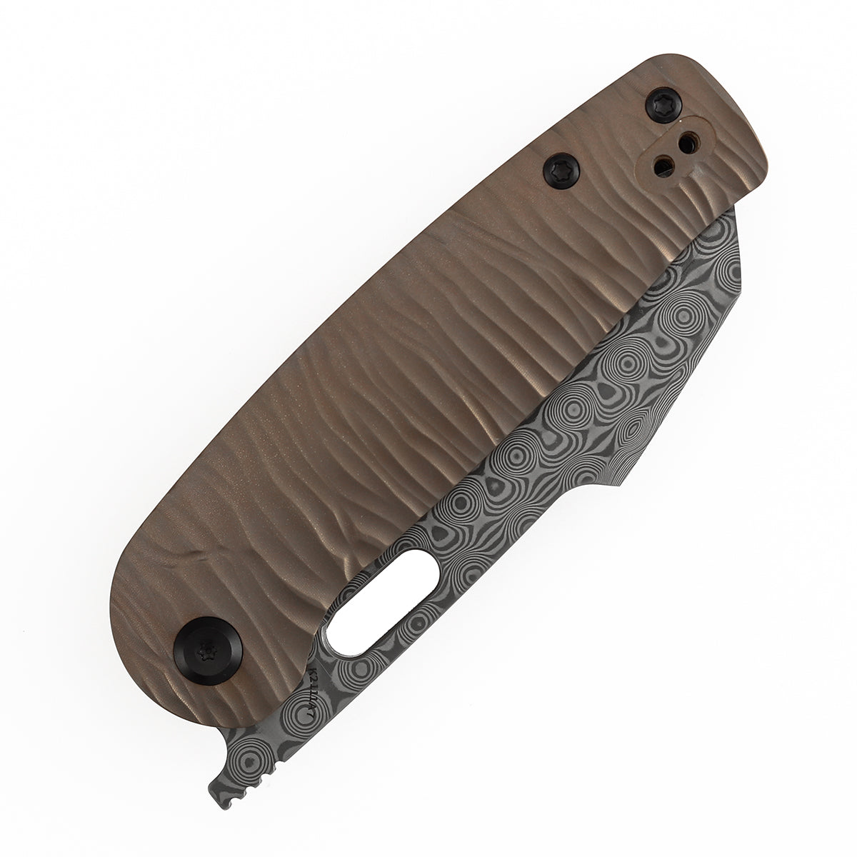 Kansept Orlok K2111A7 blade detail – acid etched Damascus reverse tanto