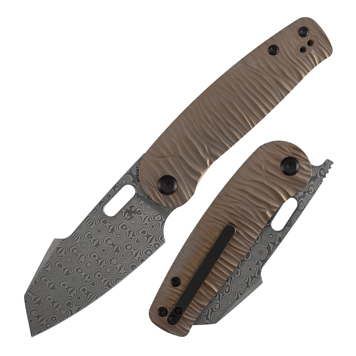 Kansept Orlok K2111A7 front view – 3.03" acid etched Damascus reverse tanto folding knife