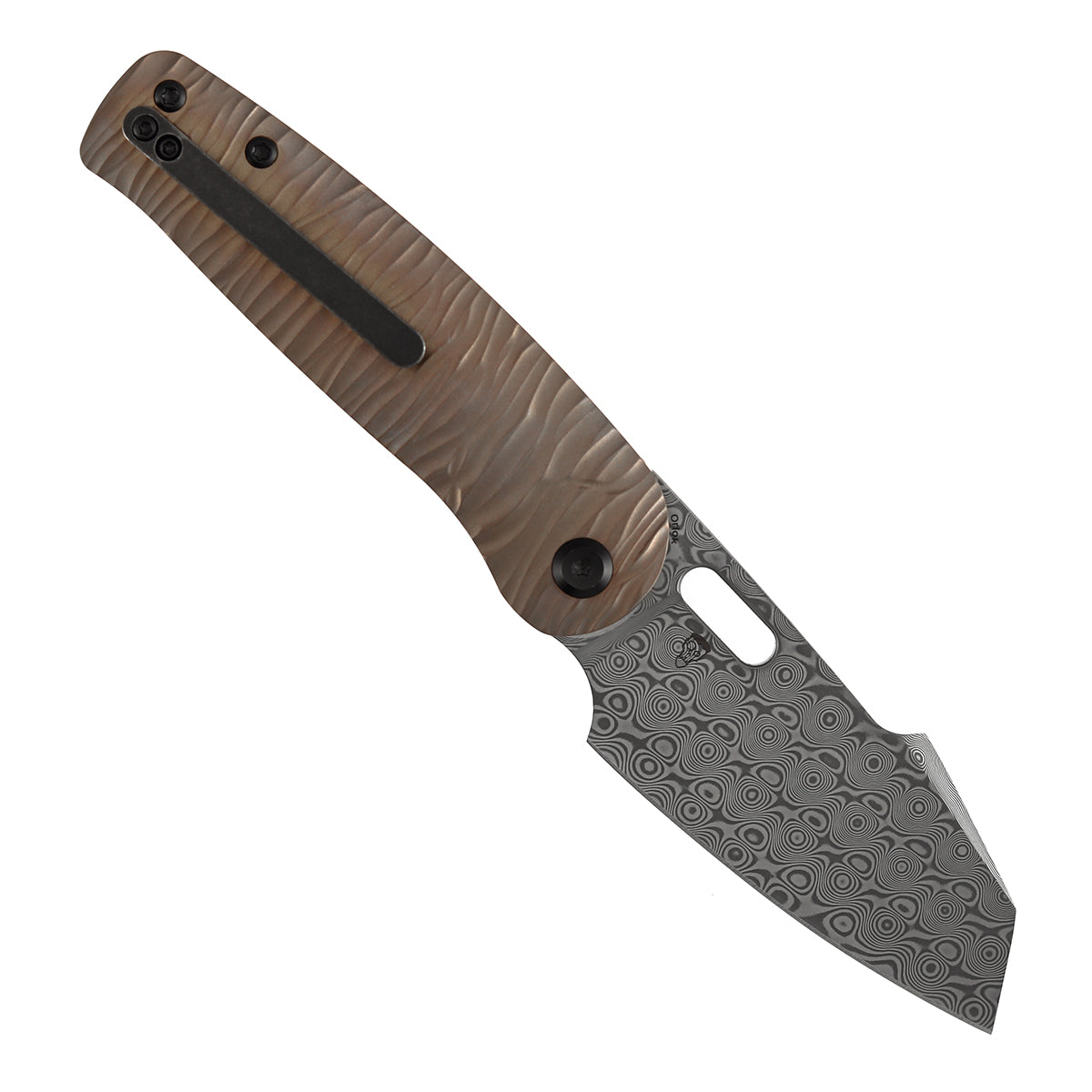 Kansept Orlok K2111A7 open position showing Damascus reverse tanto blade