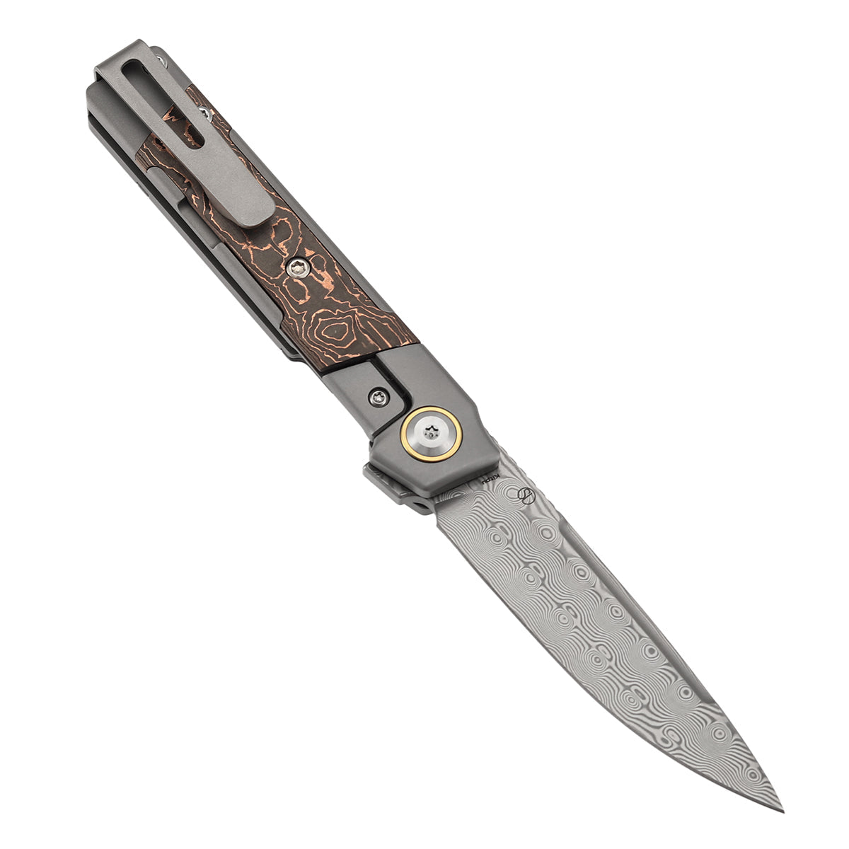 Kansept Kitpu K2123A5 open position showing Damascus drop point blade