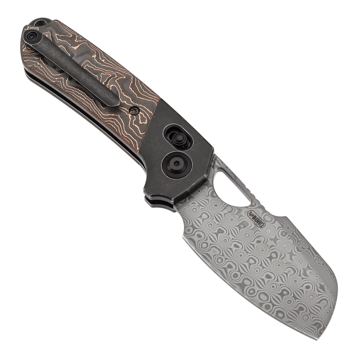 Kansept Nahual K2125V3 open position showing Damascus dagger blade
