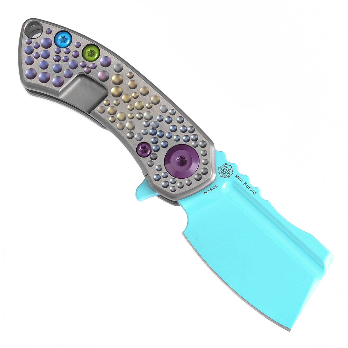 Kansept Mini Korvid K3030A10 blade detail - light blue coating CPM S35VN cleaver