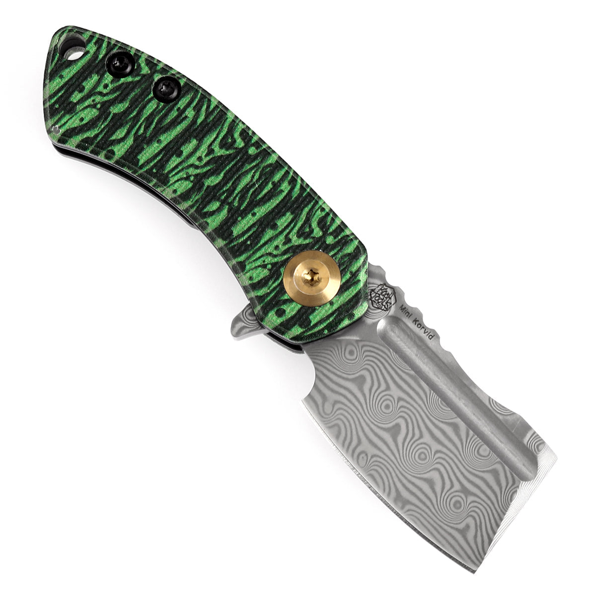 Kansept Mini Korvid K3030A12 open position showing Damascus cleaver blade
