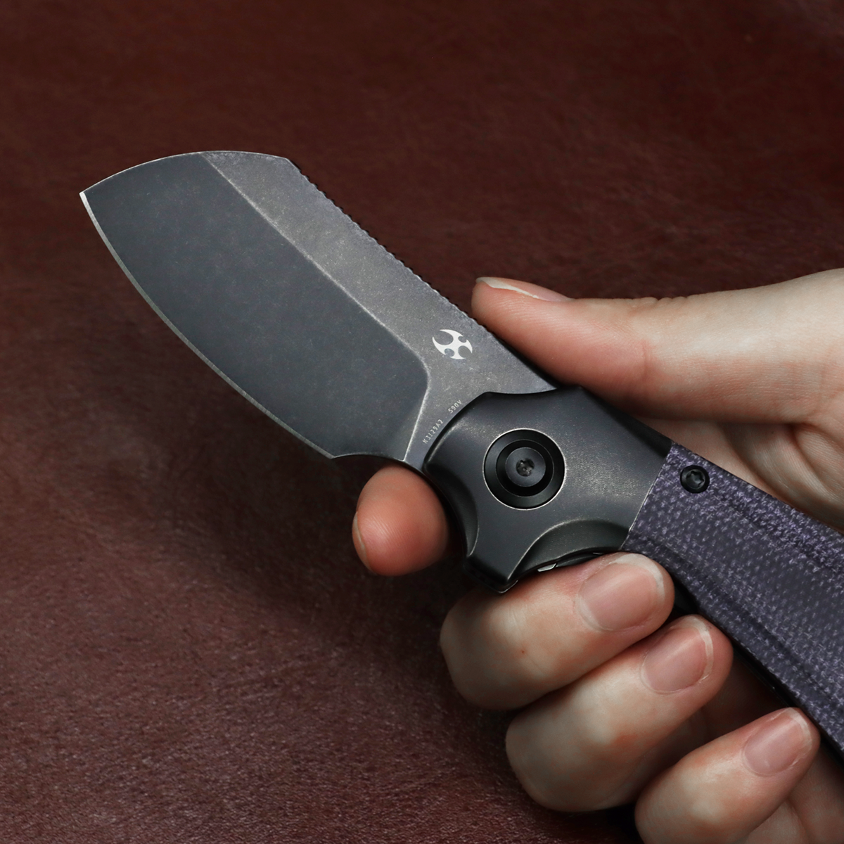 Kansept Pluto K3129A2 blade detail – blackwash S90V drop point