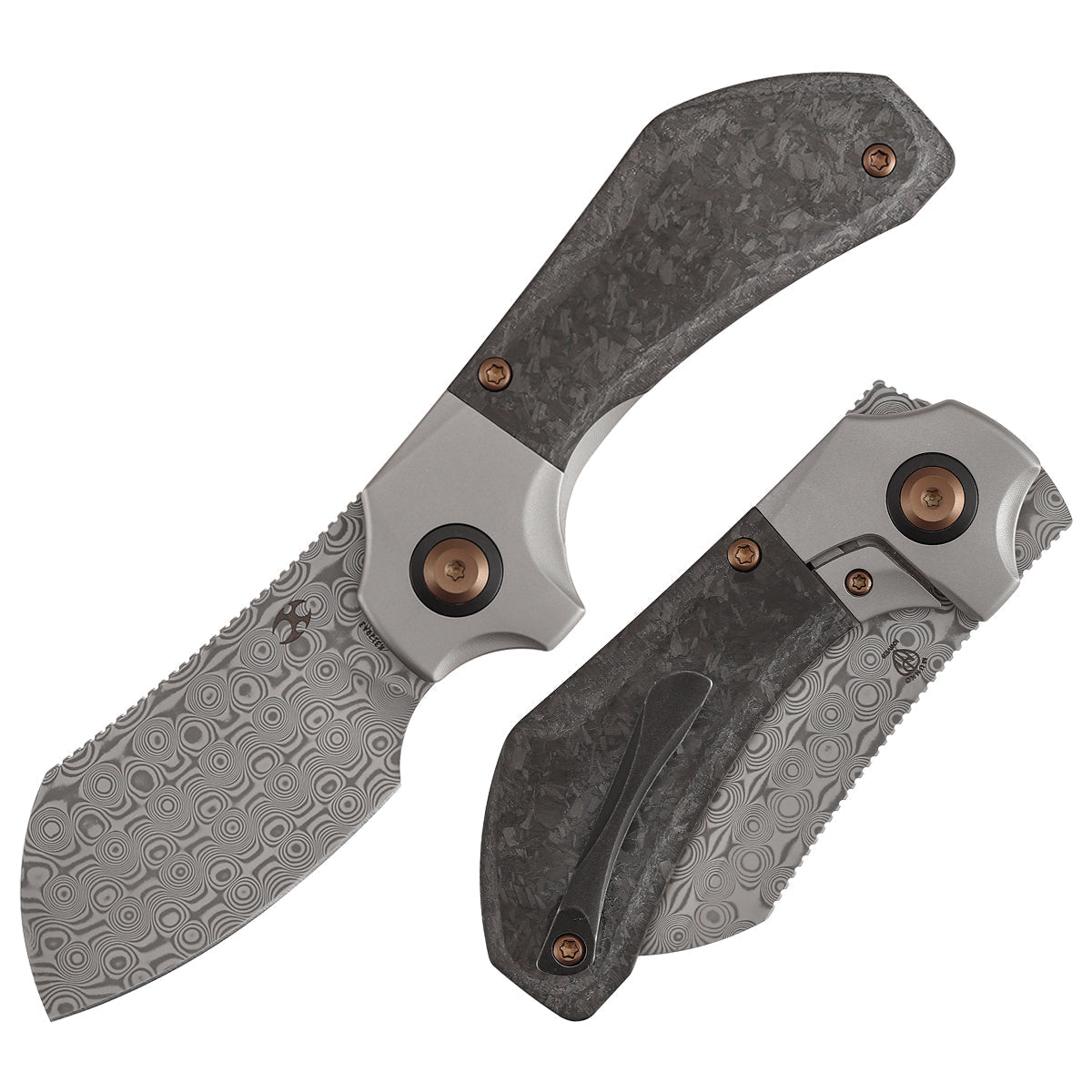 Kansept Pluto K3129A3 front view – 2.5" acid etched Damascus drop point folding knife