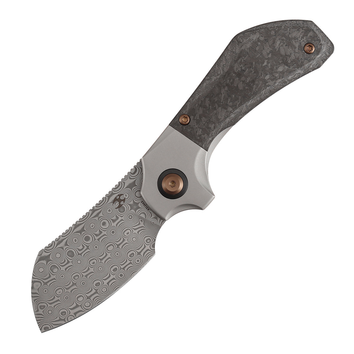 Kansept Pluto K3129A3 open position showing acid etched Damascus blade