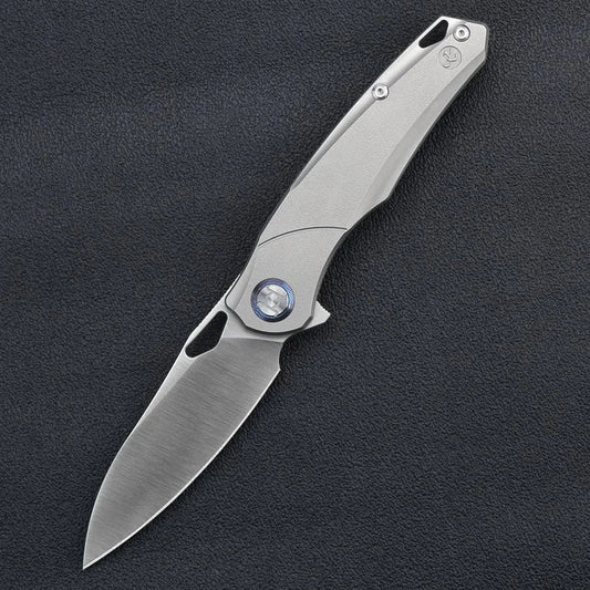 Kunwu ZEN K704 front view, 3.43″ satin ELMAX titanium folding knife