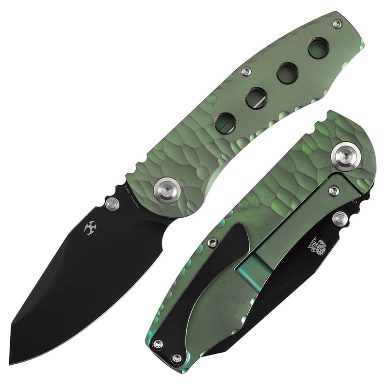 Kansept Caveman K1110A3 â€“ 3.57" CPM 20CV Tanto Frame Lock Knife Green Rock Pattern Titanium