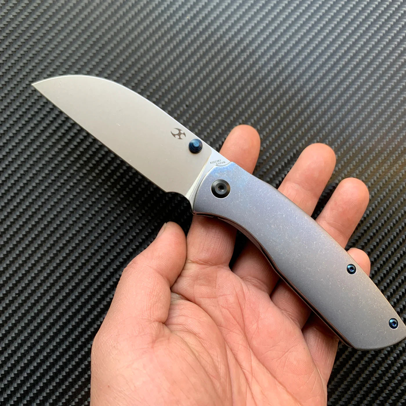 Kansept Convict K1023B2 3.3" CPM-S35VN Sheepfoot Blade Blue Titanium Handle Sheepdog Design