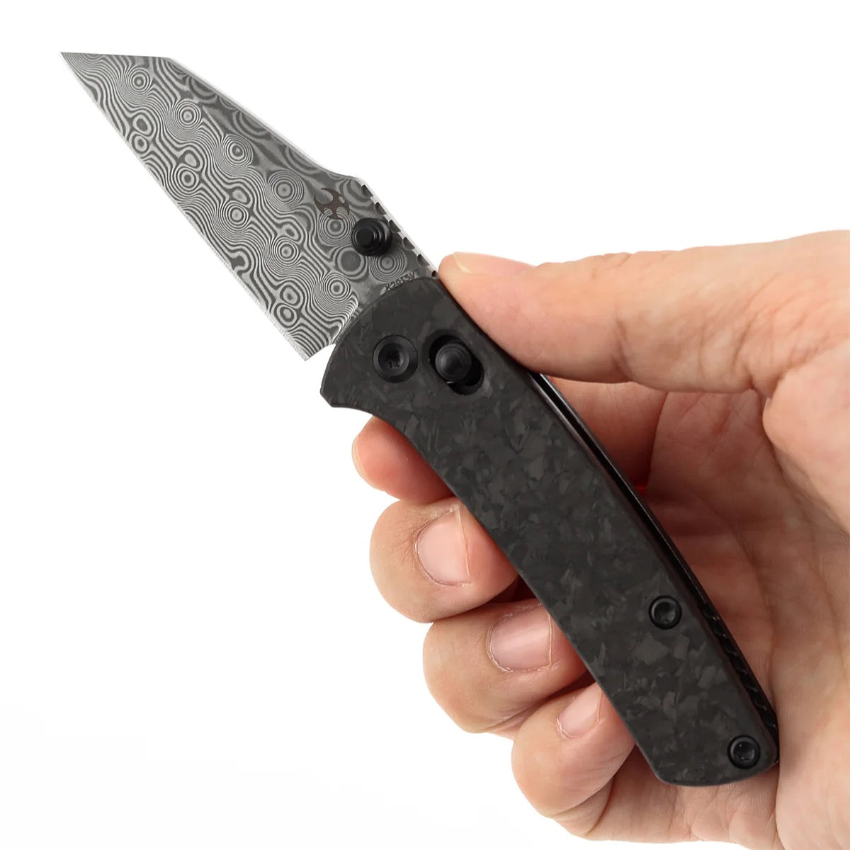 Kansept Little Main Street K2015V7 – 2.26" Damascus Crossbar Lock Knife Shred Carbon Fiber Handle Dirk Pinkerton Design