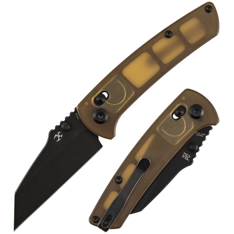 Kansept Main Street K1015V4 â€“ 3.36" CPM S35VN Wharncliffe Amber PEI Crossbar Lock Knife