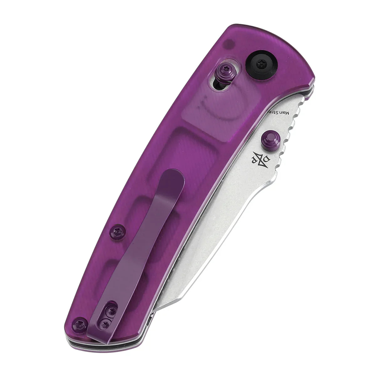 Kansept Main Street T1015V10 – 3.36" 154CM Wharncliffe Crossbar Lock Knife with Purple Acrylic Handle