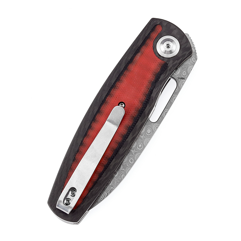 Kansept Mato K1050A5 – 3.3" Damascus Spear Point Liner Lock Knife with Twill Carbon Fiber & Red Black G10 Handle