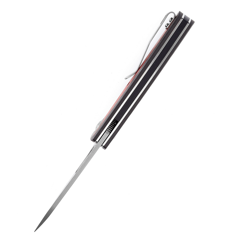Damascus spear point liner lock knife with black and red G10 handle