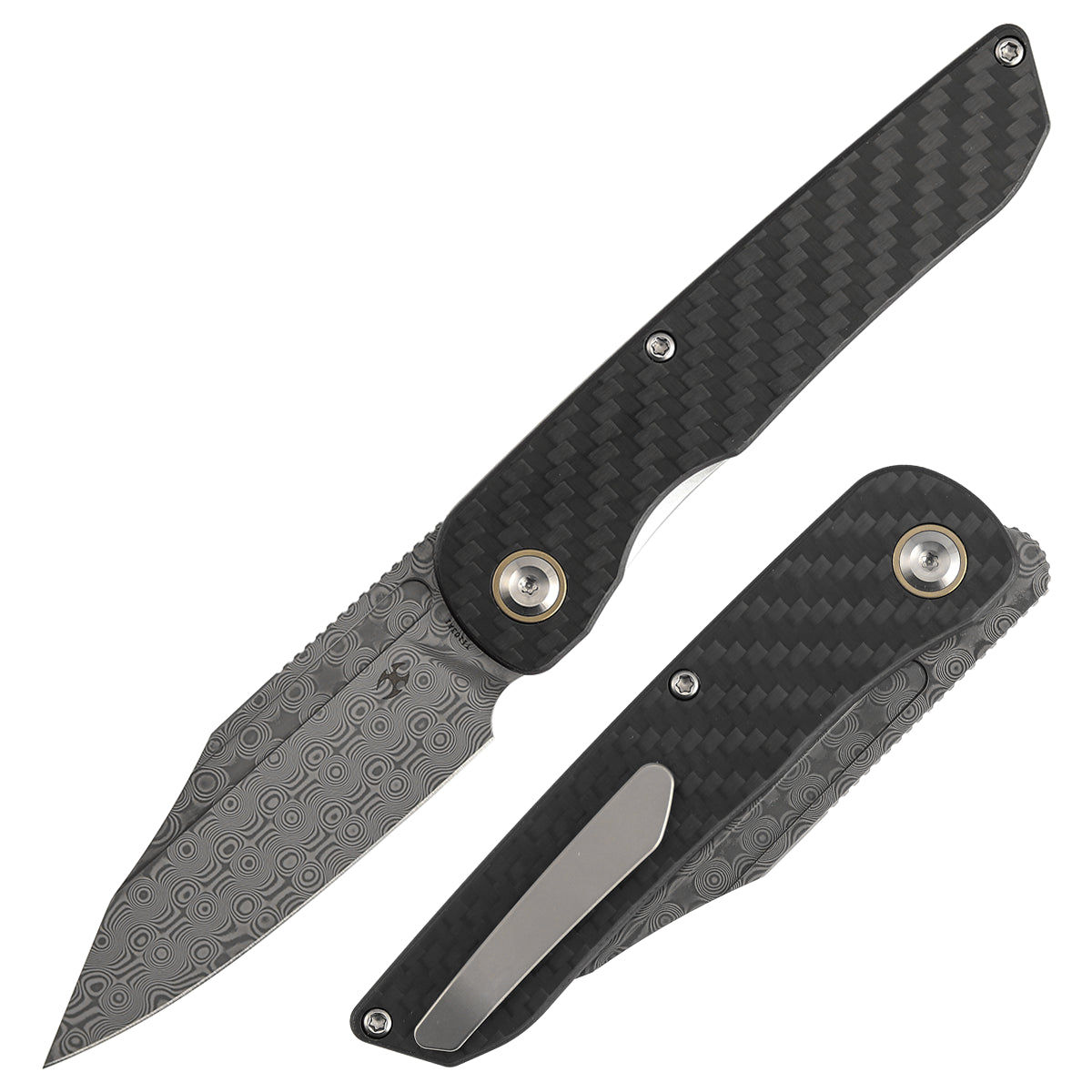 Kansept Nettle T1103A1 – 3.28" Damascus Tanto Liner Lock Knife Twill Carbon Fiber & G10