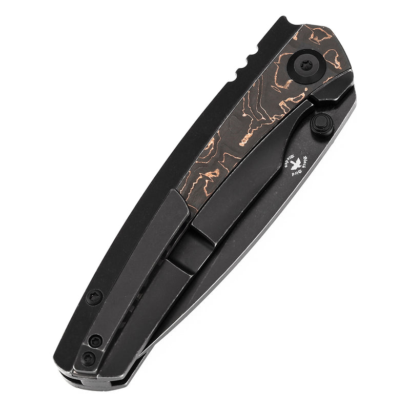 Kansept Raven K2109A3 – 3.13" CPM 20CV Drop Point Frame Lock Knife with Blackwash Titanium & Copper Carbon Fiber
