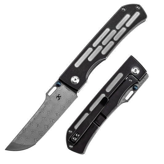 Damascus folding knife with black titanium handle and deep-carry clip