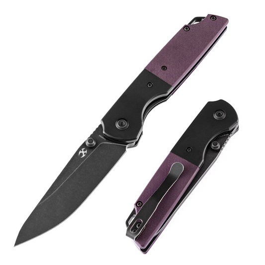 Purple G10 handle folding knife with black blade and pocket clip