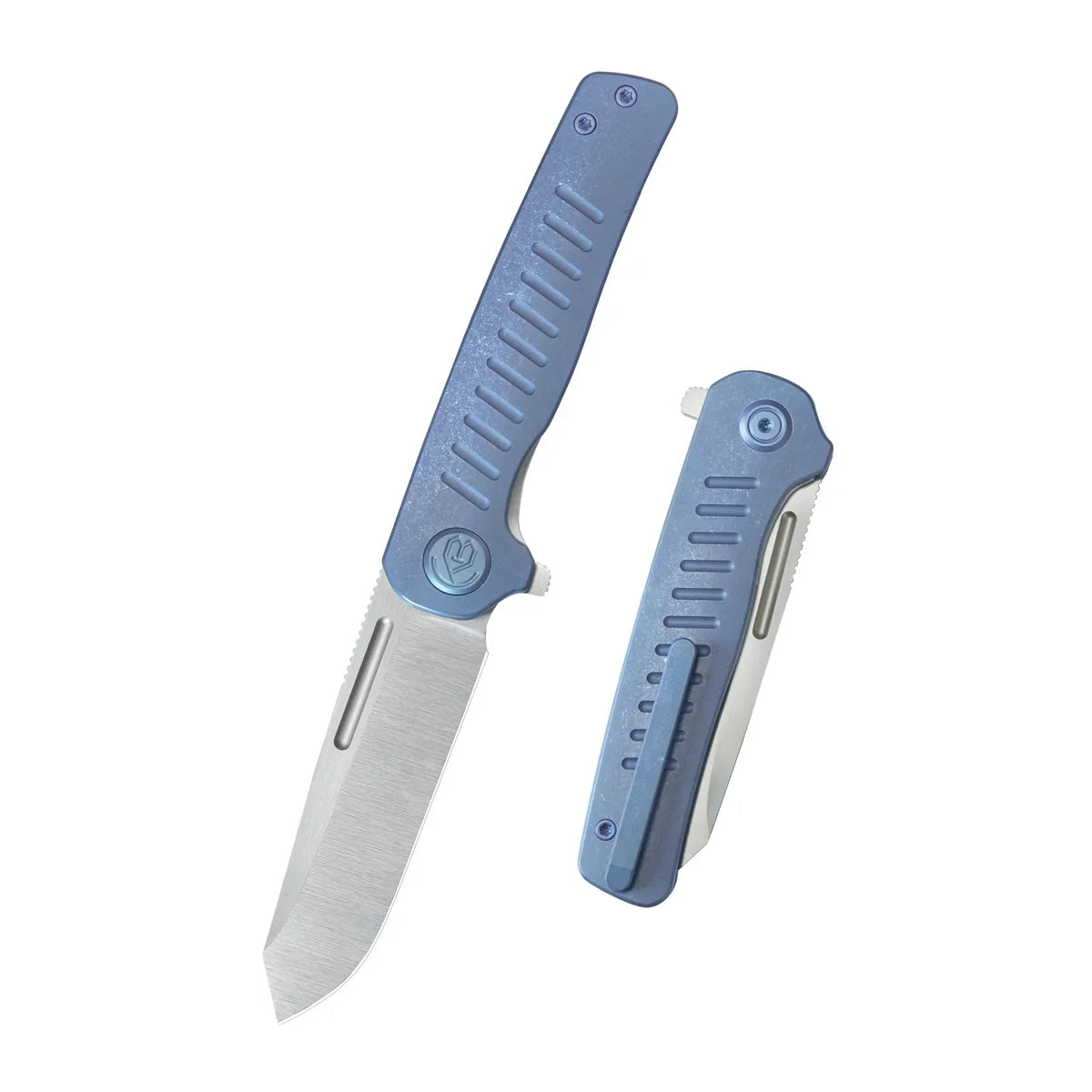 KB Steelhead Folding Knife 3.15" M390 Reverse Tanto Belt Satin Blade Blue Titanium Handle KB315C