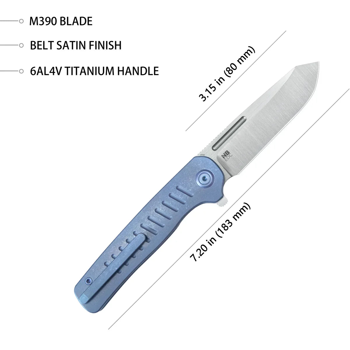KB Steelhead Folding Knife 3.15" M390 Reverse Tanto Belt Satin Blade Blue Titanium Handle KB315C