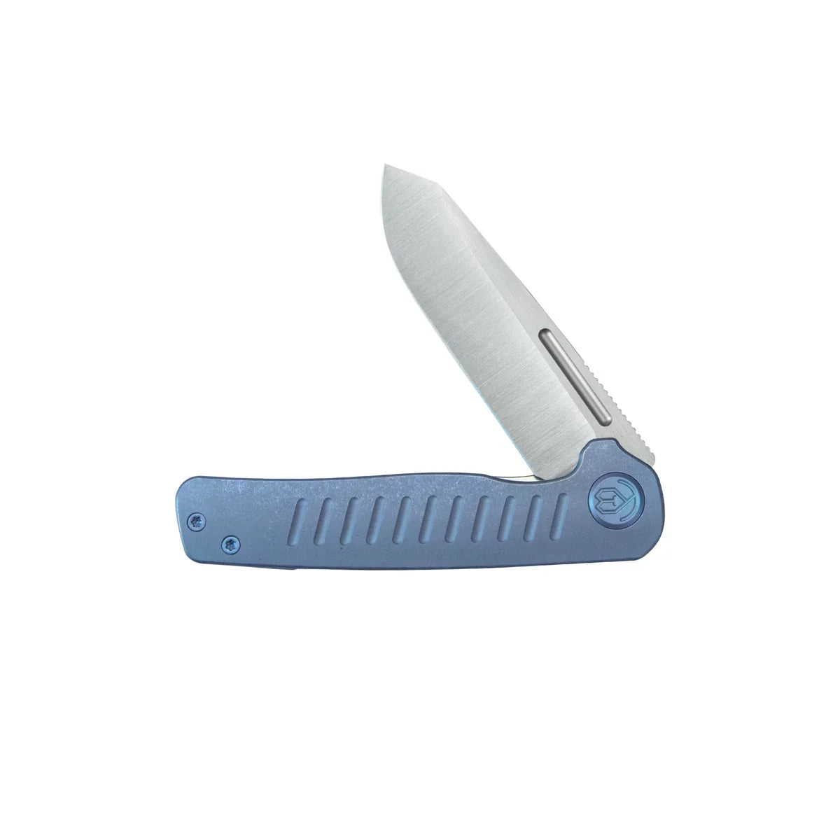 KB Steelhead Folding Knife 3.15" M390 Reverse Tanto Belt Satin Blade Blue Titanium Handle KB315C