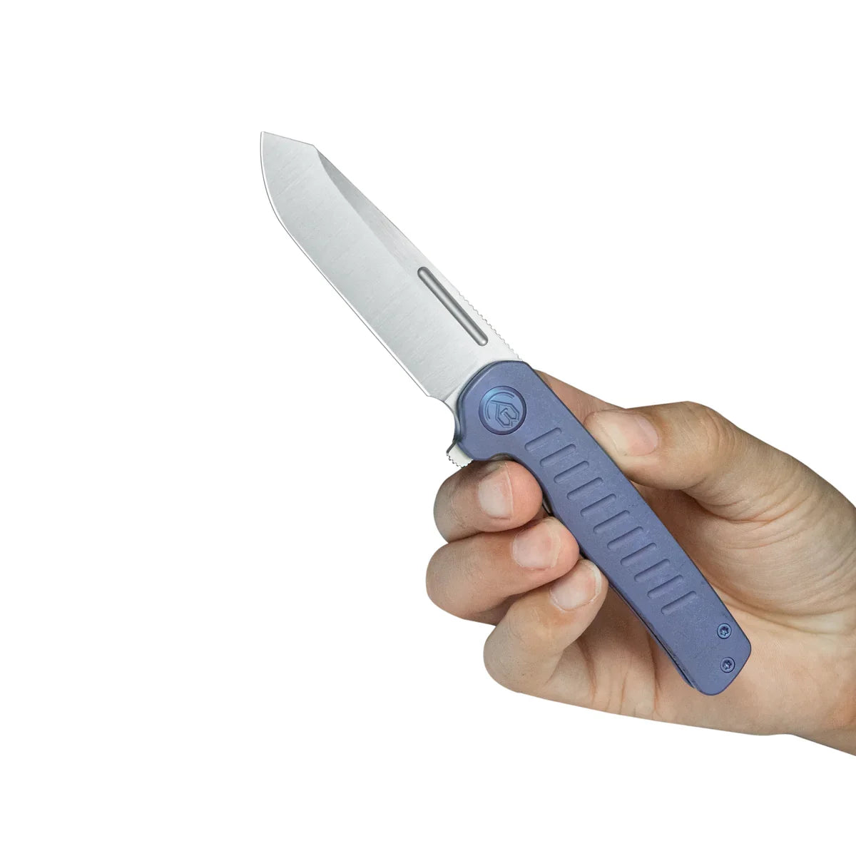 KB Steelhead Folding Knife 3.15" M390 Reverse Tanto Belt Satin Blade Blue Titanium Handle KB315C