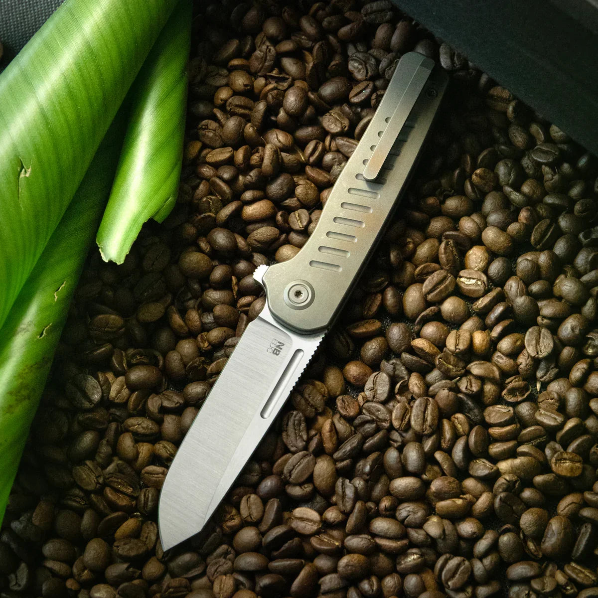 KB Steelhead Folding Knife 3.15" M390 Reverse Tanto Belt Satin Blade Blue Titanium Handle KB315C