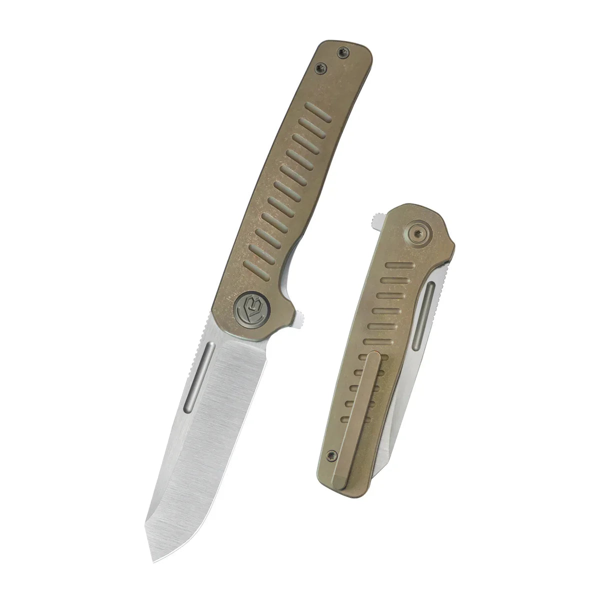 KB Steelhead Folding Knife 3.15" M390 Reverse Tanto Belt Satin Blade Bronze Titanium Handle KB315D